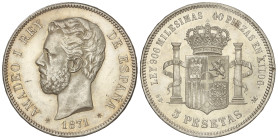 Peseta System: Amadeo I
5 Pesetas. 1871 (*18-18). S.D-M. RARA ASÍ. AC-2. EBC-.