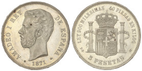 Peseta System: Amadeo I
5 Pesetas. 1871 (*18-74). D.E.-M. Bello ejemplar. (Pequeñas manchitas en anverso). Brillo original. SC-.