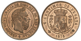 Peseta System: Charles Vii Pretender
5 Céntimos. 1875. BRUSELAS. O.T. Anverso coincidente, tipo medalla. Color y brillo originales. RARA ASÍ. AC-2; H...