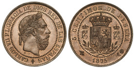 Peseta System: Charles Vii Pretender
5 Céntimos. 1875. BRUSELAS. O.T. Reverso no coincidente, tipo moneda. Color y brillo originales. RARA Y MÁS ASÍ....