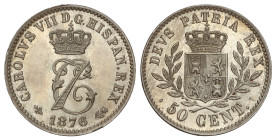 Peseta System: Charles Vii Pretender
50 Céntimos. 1876. BRUSELAS. O.T. Granada con ramas en el escudo. Brillo original. AC-9. SC.