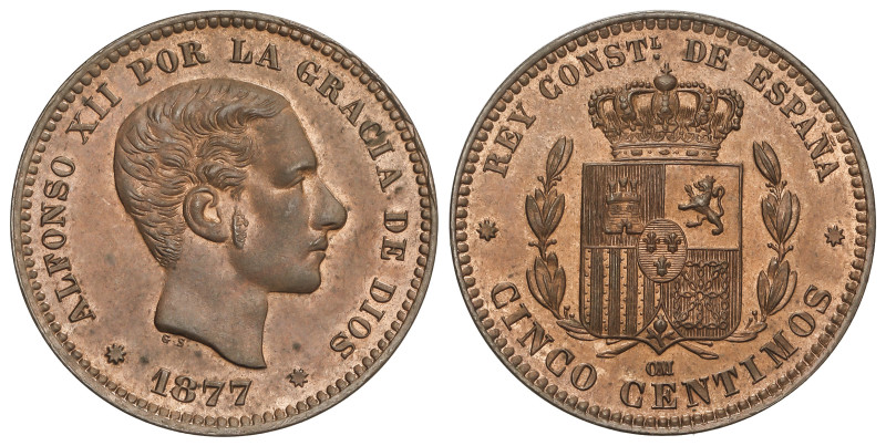 Peseta System: Alfonso XII
5 Céntimos. 1877. BARCELONA. O.M. Bonita pieza. Colo...