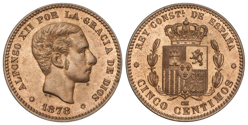 Peseta System: Alfonso XII
5 Céntimos. 1878. BARCELONA. O.M. Extraordinaria pie...