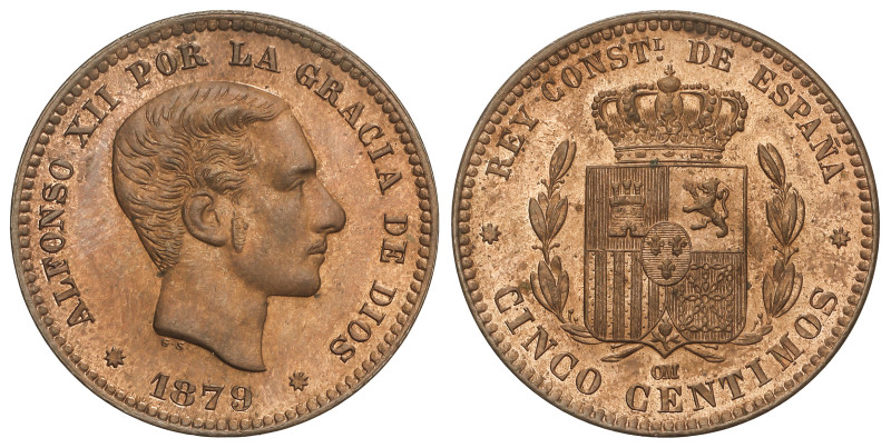 Peseta System: Alfonso XII
5 Céntimos. 1879. BARCELONA. O.M. Bello ejemplar. Co...