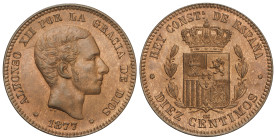 Peseta System: Alfonso XII
10 Céntimos. 1877. BARCELONA. O.M. Bonita pieza. Color y brillo originales. ESCASA ASÍ. SC-. Ex Aureo & Calicó ´Selección´...