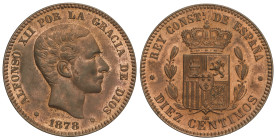 Peseta System: Alfonso XII
10 Céntimos. 1878. BARCELONA. O.M. Bonita pieza. Color y brillo originales. SC-.