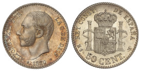 Peseta System: Alfonso XII
50 Céntimos. 1880 (*8-0). M.S.-M. Bonita pátina y brillo original. SC.