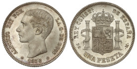 Peseta System: Alfonso XII
1 Peseta. 1876 (*18-76). D.E.-M. Extraordinaria pieza. Parece PROOF. Pleno brillo original. MUY RARA ASÍ. SC. Ex Áureo&Cal...