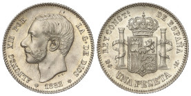 Peseta System: Alfonso XII
1 Peseta. 1882/1 (*18-82). M.S.-M. Brillo original. RARA ASÍ. AC-19. SC.