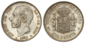 Peseta System: Alfonso XII
1 Peseta. 1883 (*18-83). M.S.-M. Bonita pátina irisada. Brillo original. MAGNÍFICO EJEMPLAR. RARA en esta calidad. SC.