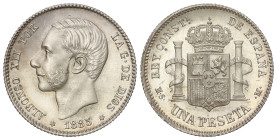 Peseta System: Alfonso XII
1 Peseta. 1885 (*18-85). M.S.-M. Brillo original. RARA ASÍ. SC.