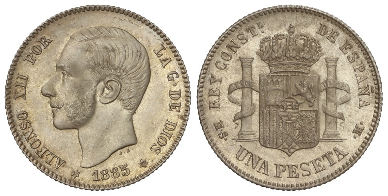 Peseta System: Alfonso XII
1 Peseta. 1885 (*18-86). M.S.-M. Bonita pieza con br...