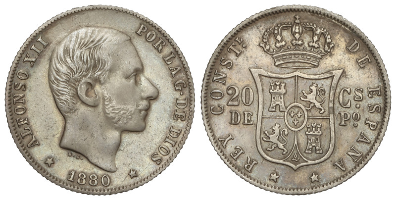 Peseta System: Alfonso XII
20 Centavos de Peso. 1880. MANILA. MUY ESCASA. EBC-.