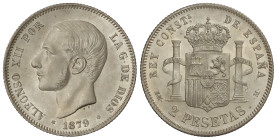 Peseta System: Alfonso XII
2 Pesetas. 1879 (*18-79). E.M.-M. Bonita pieza. Pleno brillo original. MUY RARA ASÍ. SC-.