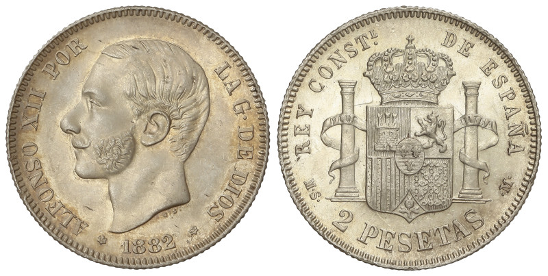 Peseta System: Alfonso XII
2 Pesetas. 1882 (*18-82). M.S.-M. Restos de pátina y...