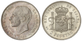 Peseta System: Alfonso XII
2 Pesetas. 1884 (*18-84). M.S.-M. Bonita pieza, parece PROOF. (Infimas rayitas). Pleno brillo original. RARA ASÍ. SC-.