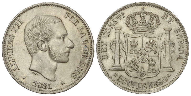 Peseta System: Alfonso XII
50 Centavos de Peso. 1881. MANILA. (Rayitas en anver...