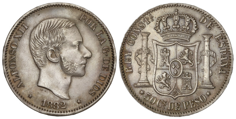 Peseta System: Alfonso XII
50 Centavos de Peso. 1882. MANILA. Bonita pátina. EB...