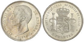 Peseta System: Alfonso XII
5 Pesetas. 1875 (*18-75). D.E.-M. (Infimas rayitas). Brillo original. RARA ASÍ. SC-.