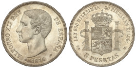 Peseta System: Alfonso XII
5 Pesetas. 1876 (*18-76). D.E.-M. Bonita pieza. Parece PROOF. (Infimas rayitas). Pleno brillo original. RARA ASÍ. SC-.