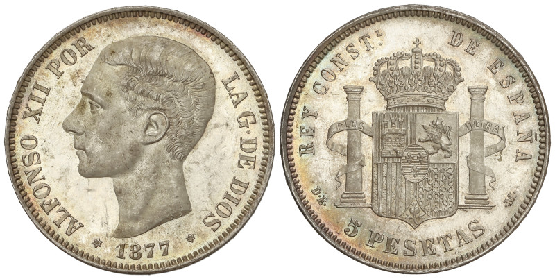 Peseta System: Alfonso XII
5 Pesetas. 1877 (*18-77). D.E.-M. IMPRESIONANTE PIEZ...