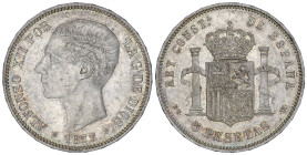 Peseta System: Alfonso XII
5 Pesetas. 1877 (*18-77). D.E.-M. Encapsulada por NGC MS60 (n. 5786750-005). Bella con brillo original. RARA EN ESTA CALID...