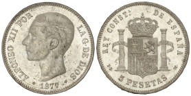 Peseta System: Alfonso XII
5 Pesetas. 1877 (*18-77). D.E.-M. (Manchitas). Brillo original. EBC+.