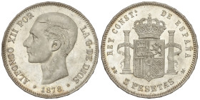 Peseta System: Alfonso XII
5 Pesetas. 1878 (*18-78). D.E.-M. Bella pieza. Pleno brillo original. RARA ASÍ. SC-.