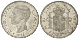 Peseta System: Alfonso XII
5 Pesetas. 1878 (*18-78). D.E.-M. (Leves rayitas, manchitas en reverso). Restos de brillo original. EBC.