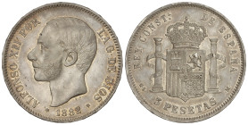Peseta System: Alfonso XII
5 Pesetas. 1882/1 (*18-81). M.S.-M. Bonita pieza. Parte del brillo original. RARA ASÍ. AC-45. EBC. Ex Áureo&Calicó - 24 ma...