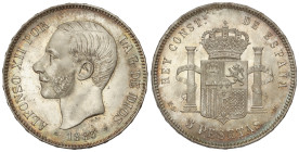 Peseta System: Alfonso XII
5 Pesetas. 1883 (*18-83). M.S.-M. EXTRAORDINARIO EJEMPLAR. Pleno brillo original, bonita pátina. MUY RARA ASÍ. SC.