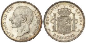 Peseta System: Alfonso XII
5 Pesetas. 1884 (*18-84). M.S.-M. EXTRAORDINARIO EJEMPLAR. Pleno brillo original. MUY RARA ASÍ. SC.