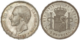 Peseta System: Alfonso XII
5 Pesetas. 1885 (*18-85). M.S./D.E.-M. Bella pieza. Pátina y brillo originales. MUY RARA ASÍ. AC-58 vte. SC.