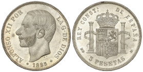 Peseta System: Alfonso XII
5 Pesetas. 1885 (*18-86). M.S.-M. IMPRESIONANTE PIEZA. Pleno brillo original. MUY RARA ASÍ. SC.