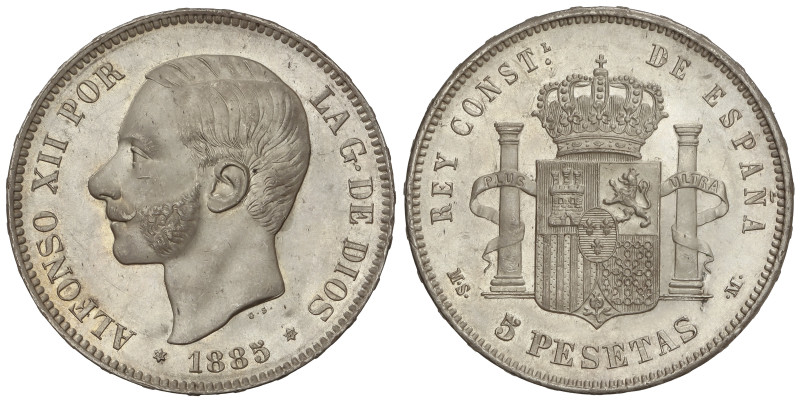 Peseta System: Alfonso XII
5 Pesetas. 1885 (*18-87). M.S.-M. (Levísima rayita e...