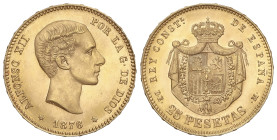 Peseta System: Alfonso XII
25 Pesetas. 1876 (*18-76). D.E.-M. Brillo original. SC-.