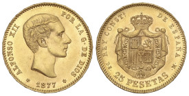 Peseta System: Alfonso XII
25 Pesetas. 1877 (*18-77). D.E.-M. (Ínfimas marquitas). Pleno brillo original. SC-/SC.