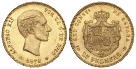 Peseta System: Alfonso XII
25 Pesetas. 1879 (*18-79). E.M.-M. (Ínfimas marquitas). Pleno brillo original. SC.