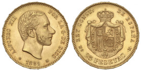 Peseta System: Alfonso XII
25 Pesetas. 1881 (*18-81). M.S.-M. (Leve rayitas). Pleno brillo original. SC.