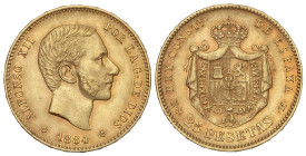 Peseta System: Alfonso XII
25 Pesetas. 1884 (*18-84). M.S.-M. (Ínfimos golpecitos). Leve pátina anaranjada. EBC.
