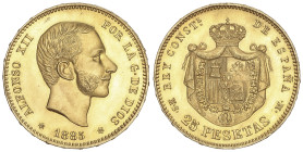Peseta System: Alfonso XII
25 Pesetas. 1885 (*18-85). M.S.-M. Bella con brillo original. RARA Y MÁS ASÍ. EBC+.