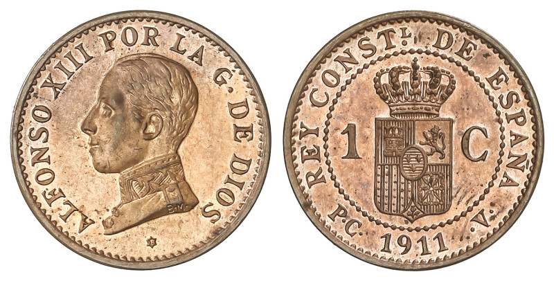 Peseta System: Alfonso XIII
1 Céntimo. 1911 (*1). P.C.-V. Color y brillo origin...