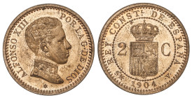 Peseta System: Alfonso XIII
2 Céntimos. 1904 (*04). S.M.-V. Cero partido en estrella. AC-7. SC-.
