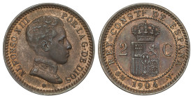 Peseta System: Alfonso XIII
2 Céntimos. 1904 (*04). S.M.-V. 04 de la estrella invertido. AC-8. EBC-.