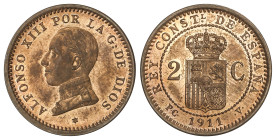Peseta System: Alfonso XIII
2 Céntimos. 1911 (*19). P.C.-V. Color y brillo originales. RARA. AC-14; VS-133, 1. SC.