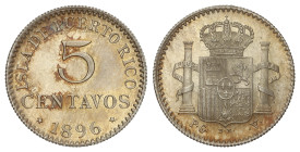 Peseta System: Alfonso XIII
5 Centavos de Peso. 1896. PUERTO RICO. P.G.-V. Bonita pátina y brillo original. RARA ASÍ. SC.