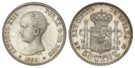 Peseta System: Alfonso XIII
50 Céntimos. 1889 (*8-9). M.P.-M. Brillo original. ESCASA ASÍ. SC.