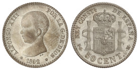 Peseta System: Alfonso XIII
50 Céntimos. 1892 (*9-2). P.G.-M. Pátina y restos de brillo. SC-.