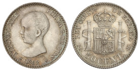 Peseta System: Alfonso XIII
50 Céntimos. 1892/82 (*2-2). P.G.-M. Pátina y brillo original. AC-29. EBC.