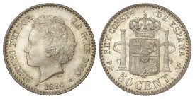 Peseta System: Alfonso XIII
50 Céntimos. 1894 (*9-4). P.G.-V. Brillo original. SC.